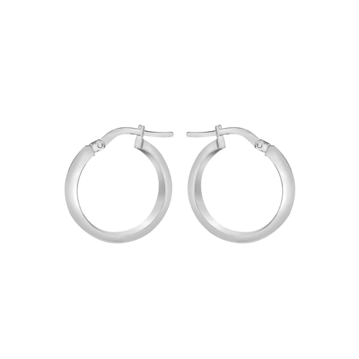 9ct White Gold 3mm Rectangular-Tube 15mm Hoop Creole Earrings