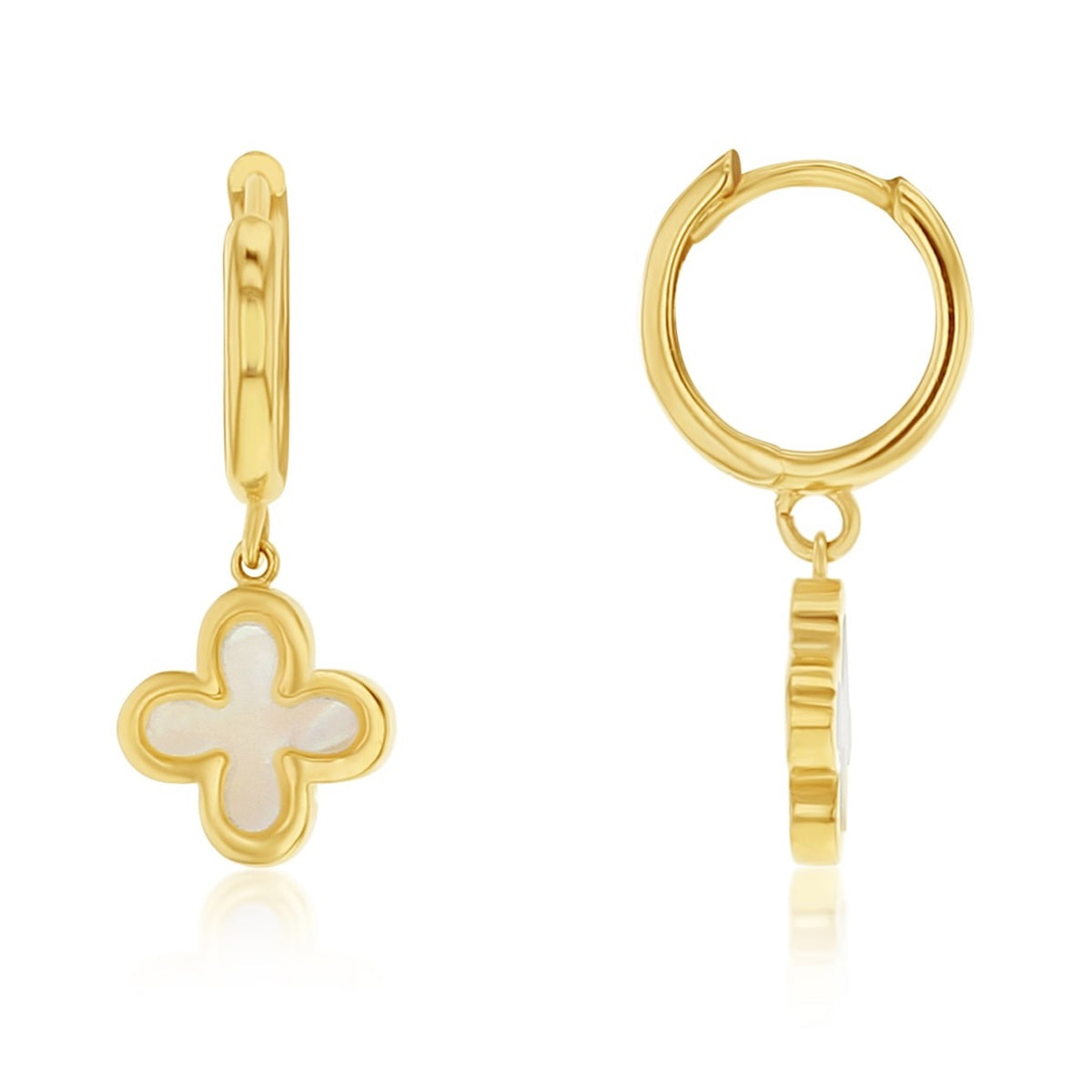 9ct Yellow Gold Mother of Pearl Clover Drop Huggie Earrings