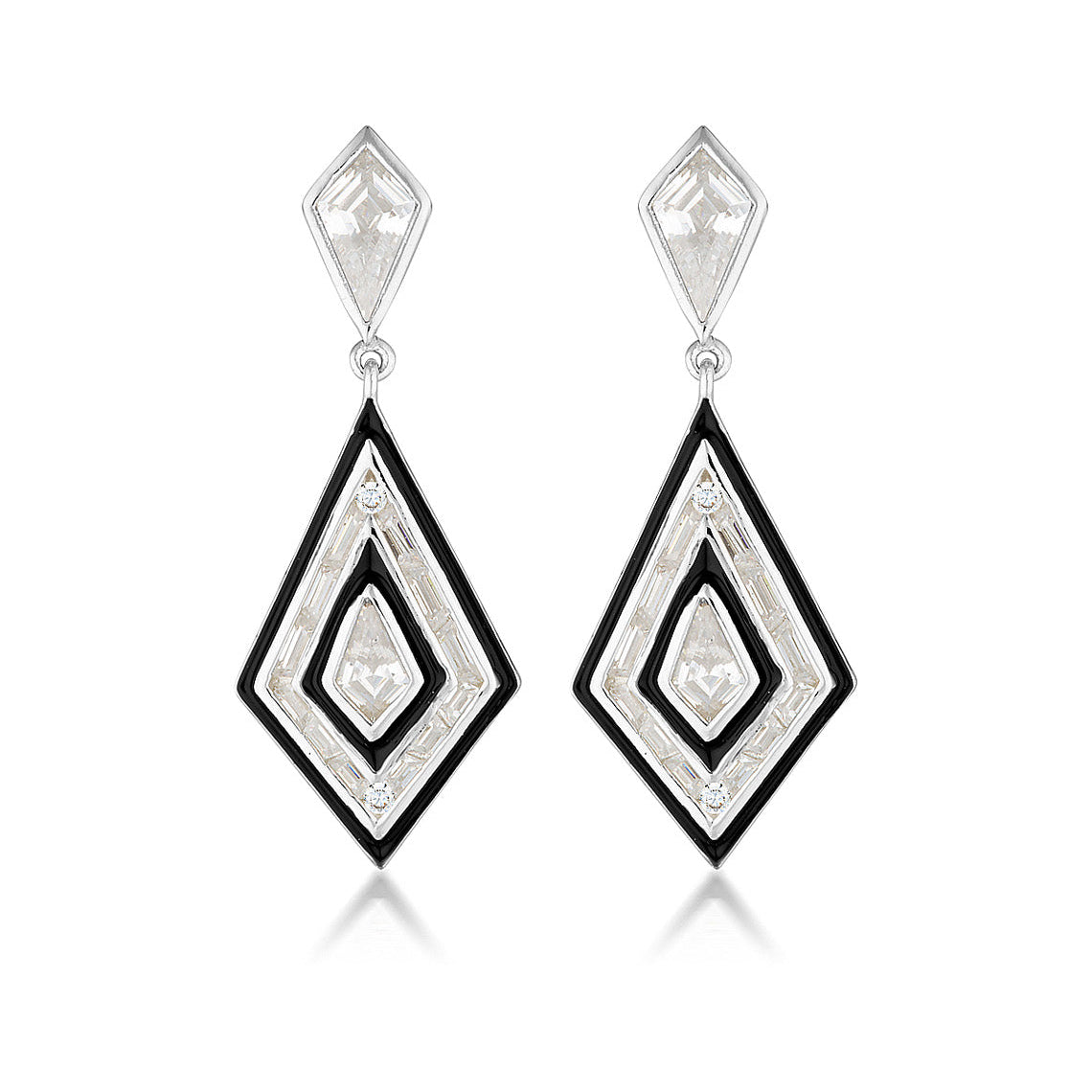 Reflection Art Deco Earrings Silver & Black Enamel