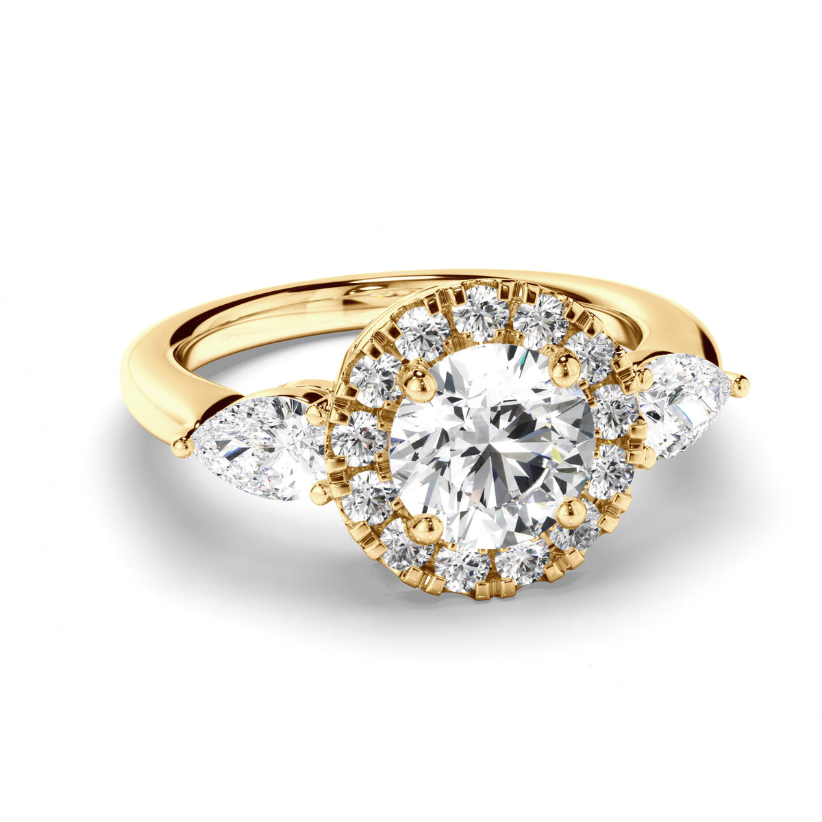 Round Brilliant Cut Diamond Halo Trilogy Engagement Ring with Pear Sides