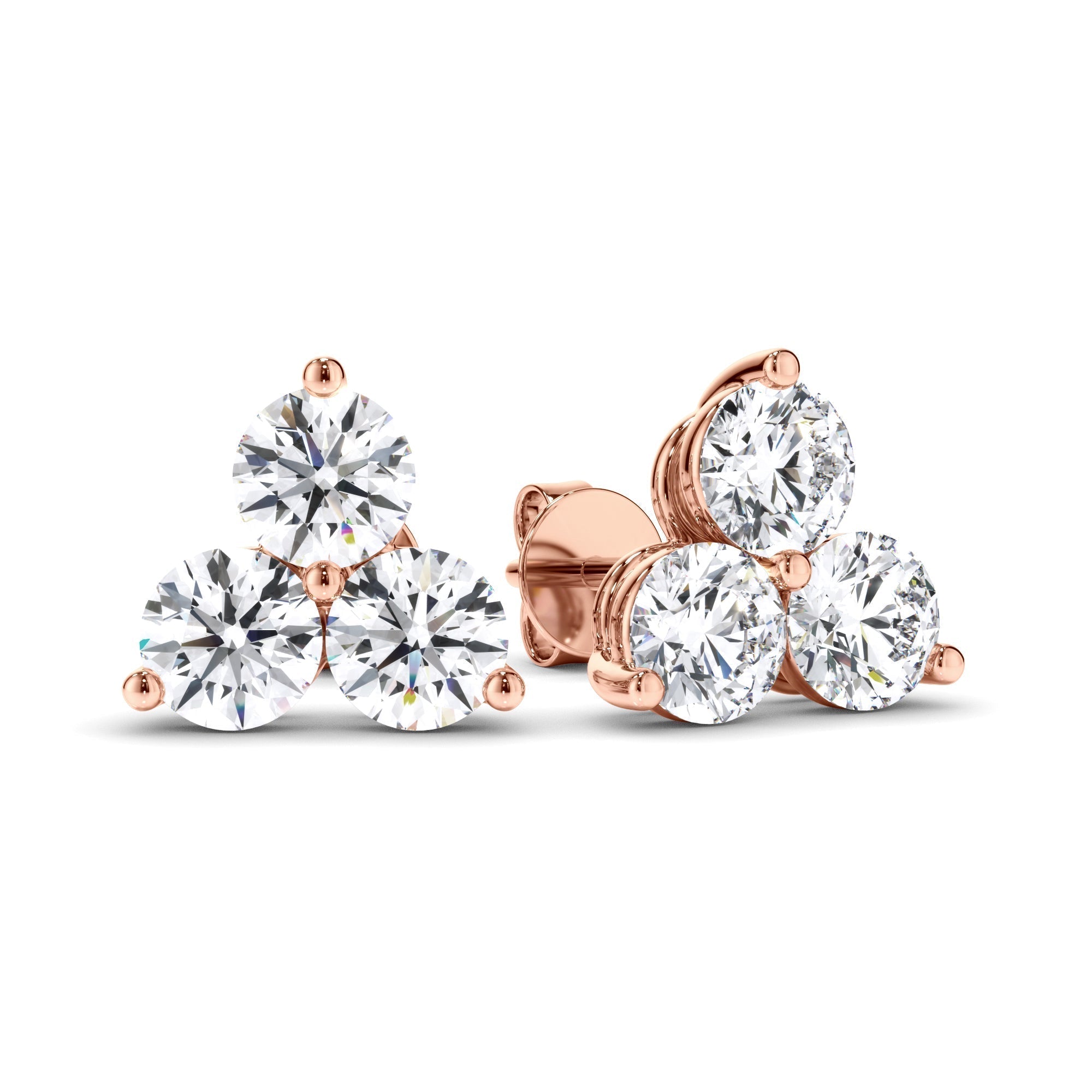 Round Brilliant Cut Diamond 3-Stone Stud Earrings