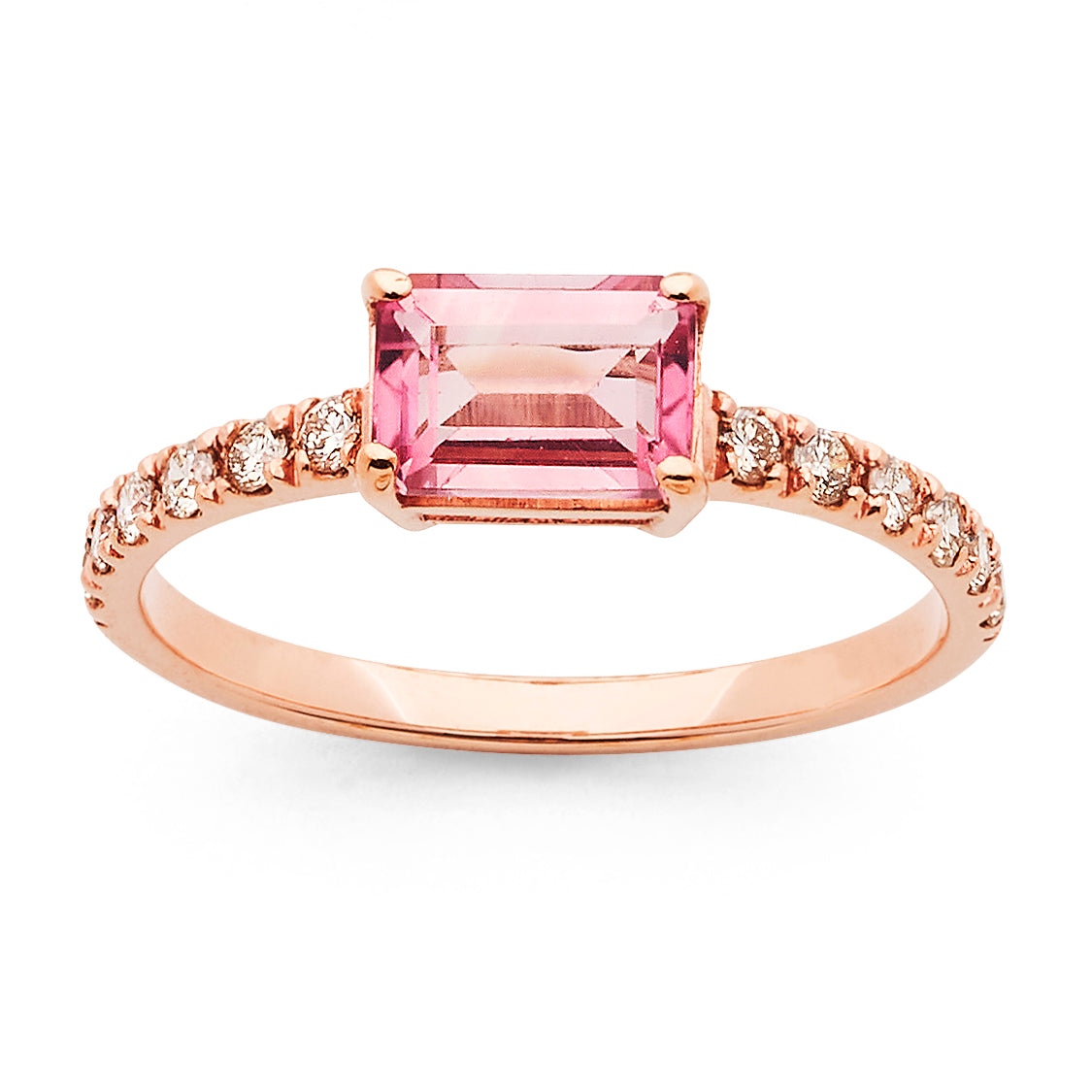 9ct Rose Gold Emerald Cut Pink Tourmaline & Diamond Ring