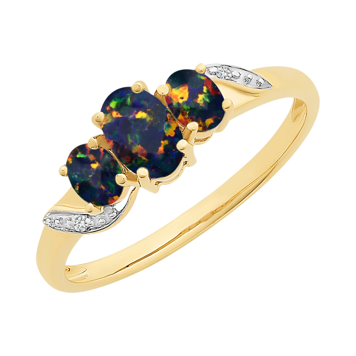 9ct Gold Lab Grown Black Opal & Diamond Ring