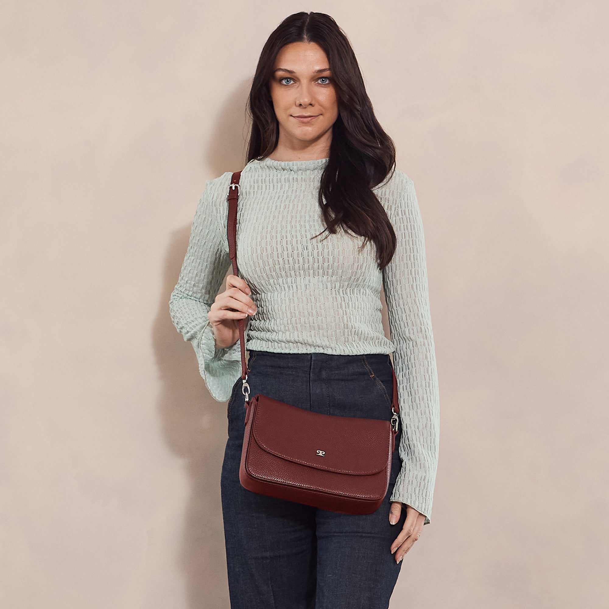 Pierre Cardin Ladies Leather Flap Over Crossbody Bag in Red