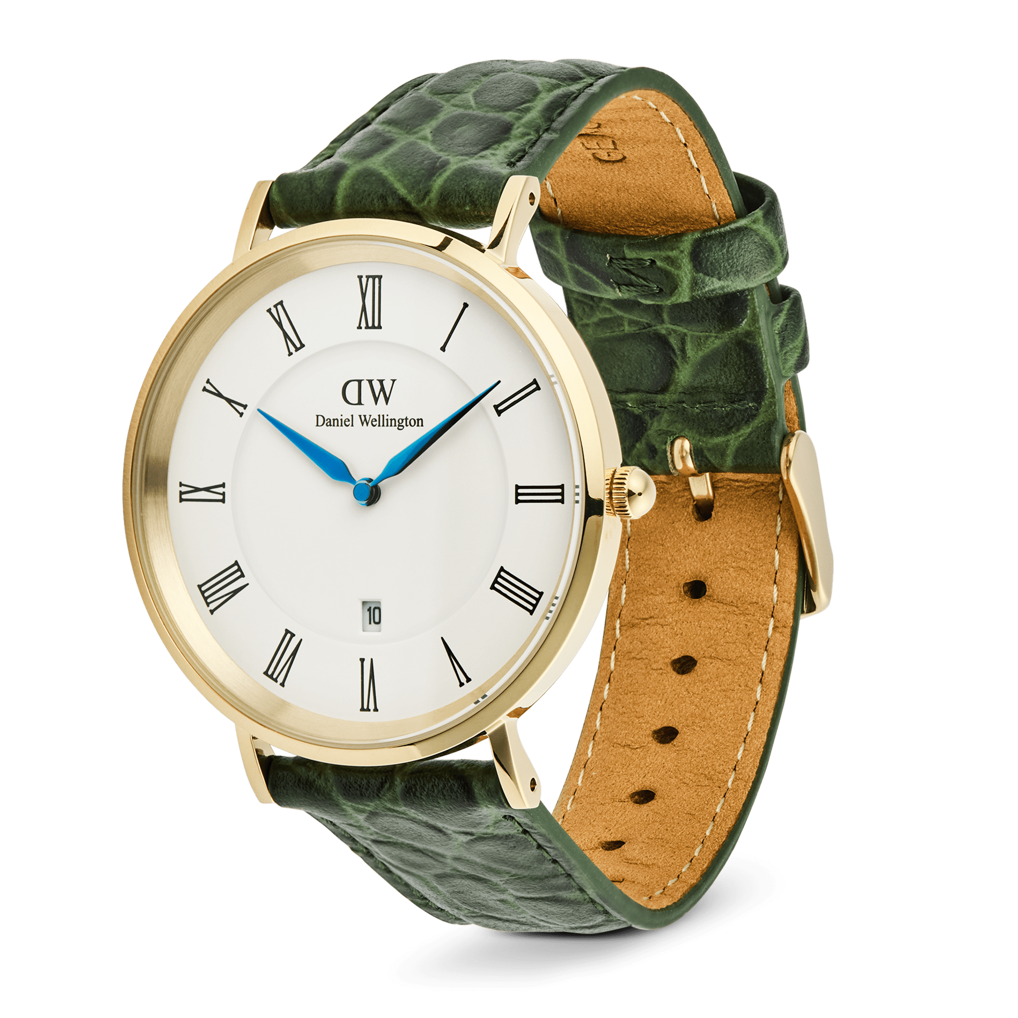 Daniel Wellington Classic Roman Numerals Date Dark Green Croc Belly Gold