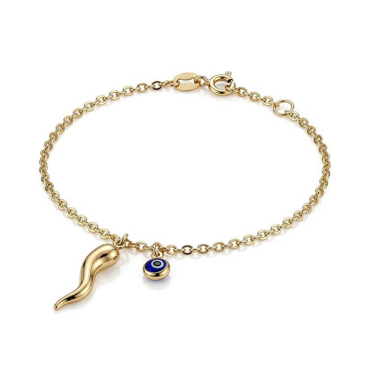 9ct Yellow Gold Nazar & Gold Horn Bracelet 17-19cm