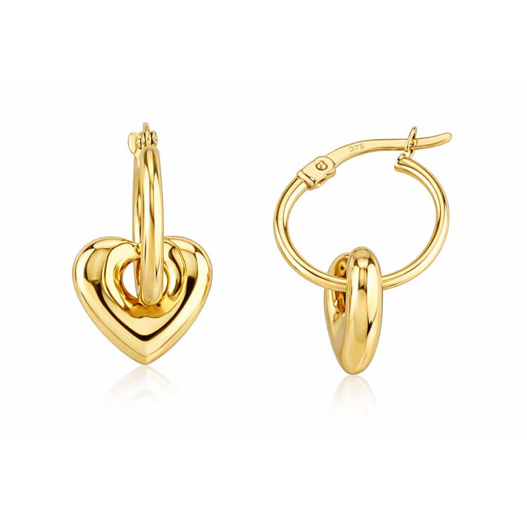 9ct Yellow Gold Heart Detail Hoop Earrings