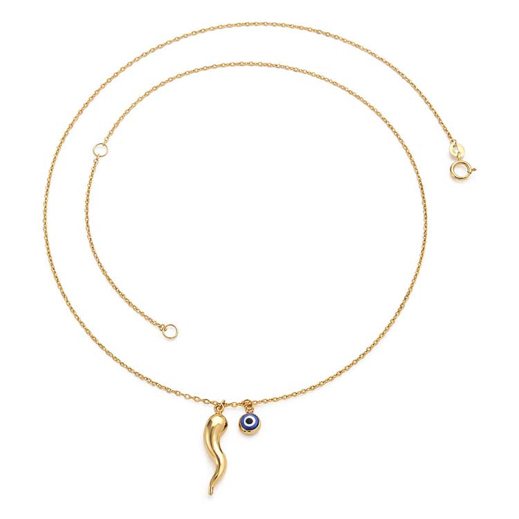 9ct Yellow Gold Nazar & Gold Horn Necklace 40-45cm