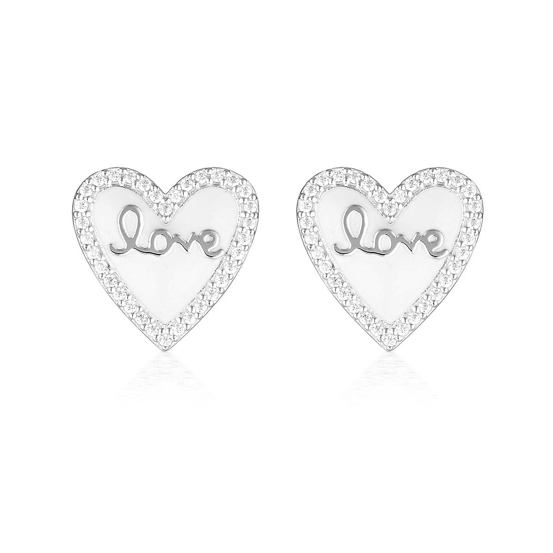 Reflection Enamel Love Heart Stud Earrings Silver