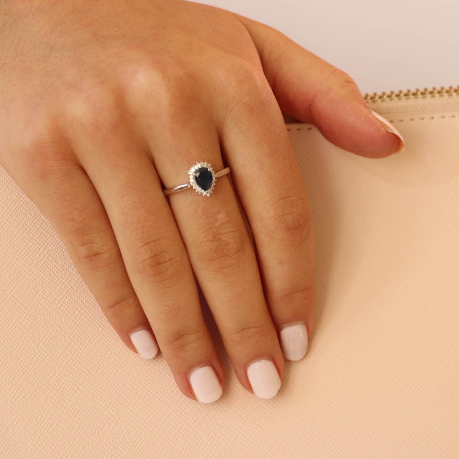 Pear Sapphire Ring with 0.08ct Diamonds in 9ct White Gold