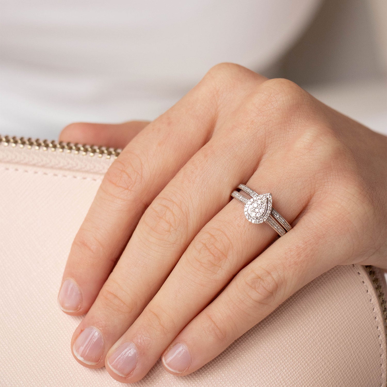 Pear Engagment & Wedding Ring Set with 0.35ct Diamonds in 9ct White Gold