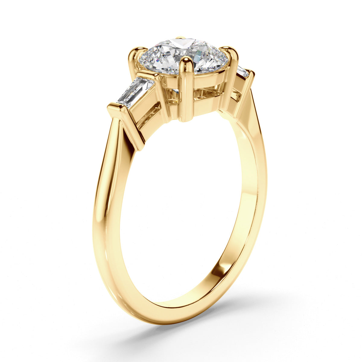 Round Brilliant Cut Diamond Trilogy Engagement Ring with Baguette Sides