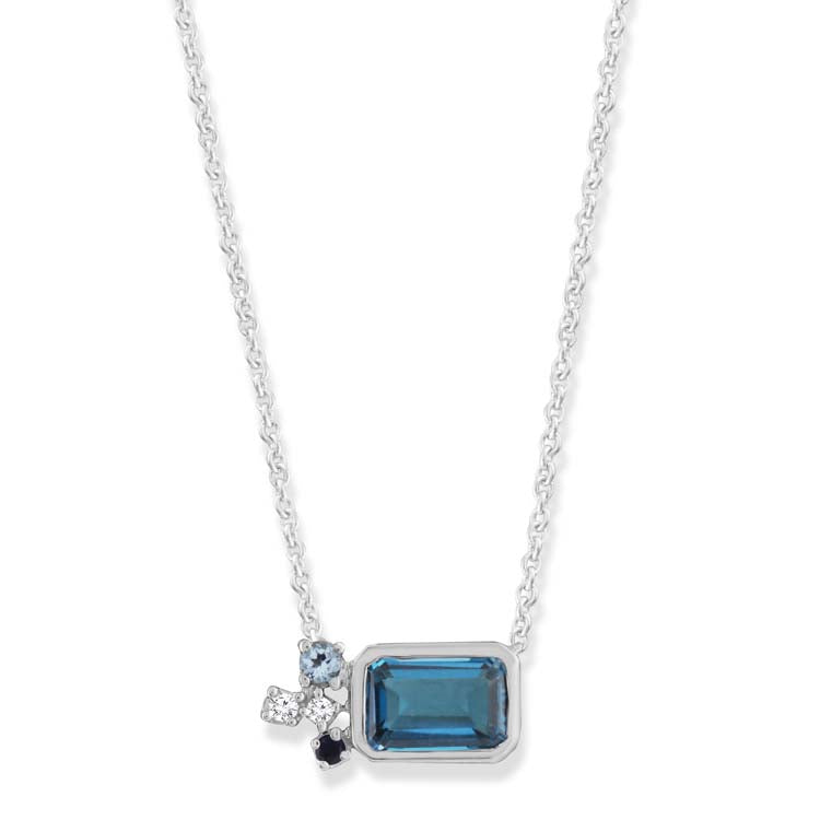 Diamond and Blue Topaz Necklace with 0.02ct Diamonds in 9ct White Gold