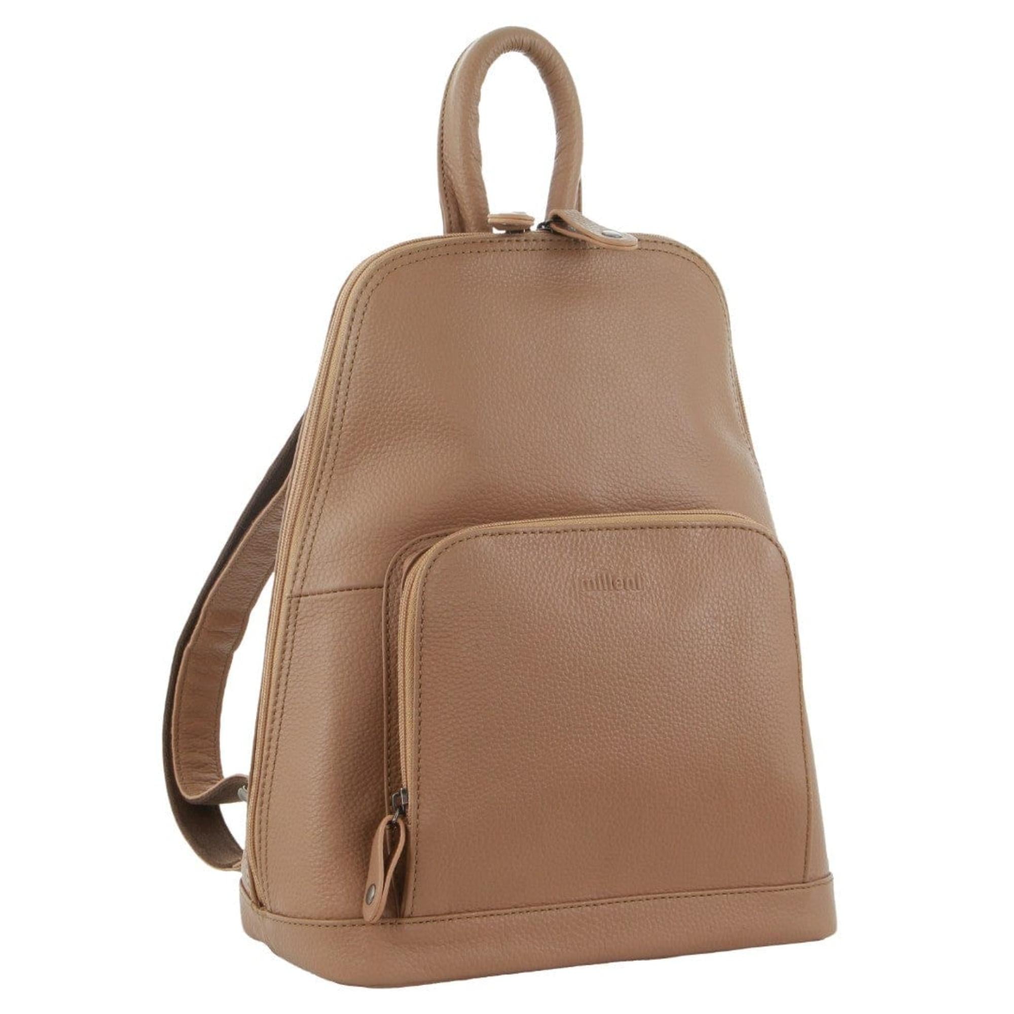 Milleni Ladies Genuine Leather Twin Zip Backpack in Burro