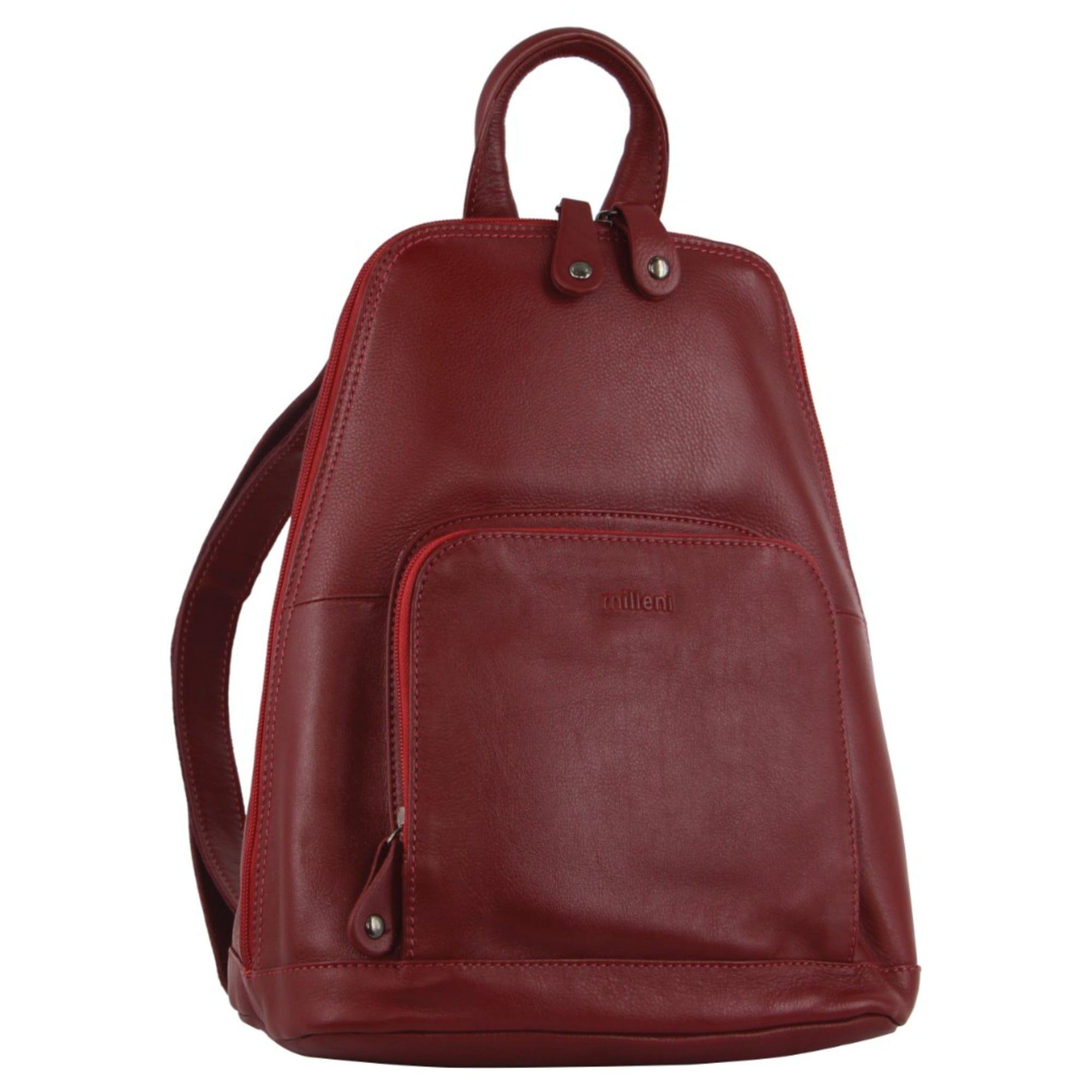 Milleni Ladies Genuine Leather Twin Zip Backpack in Red