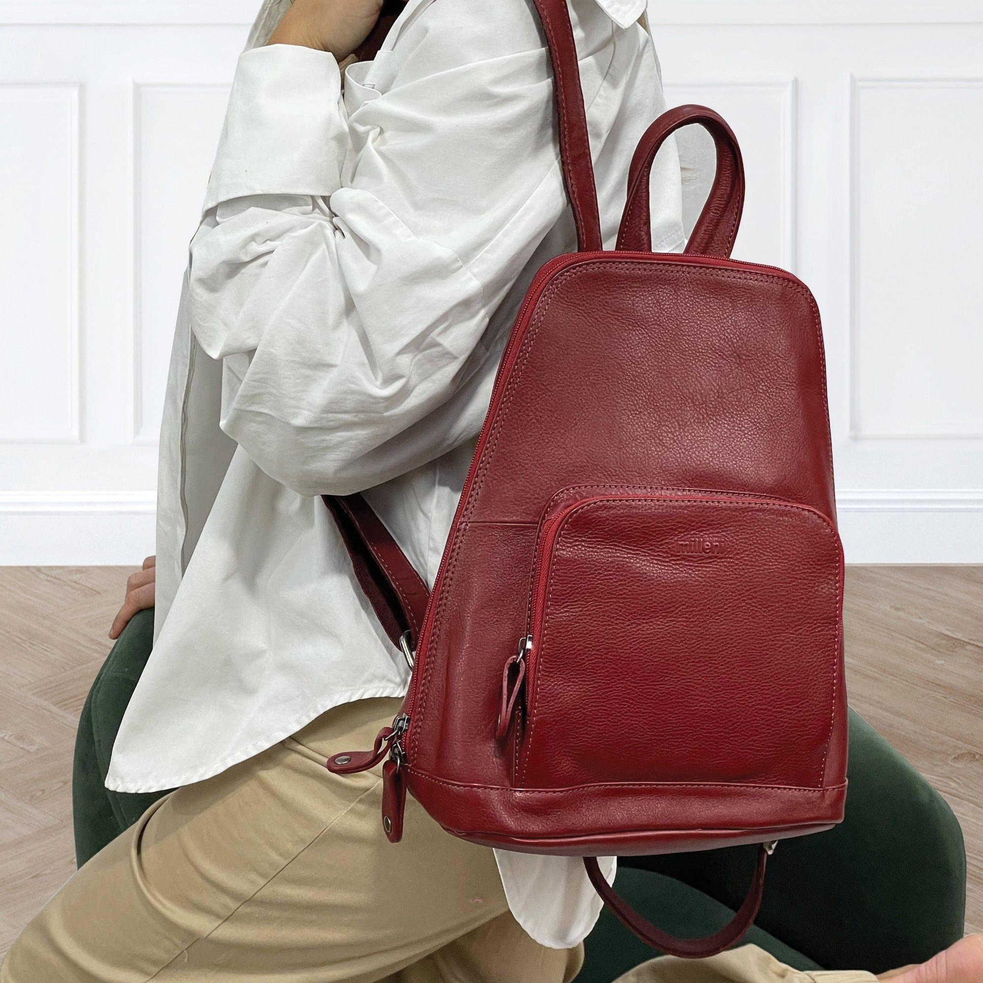 Milleni Ladies Genuine Leather Twin Zip Backpack in Red