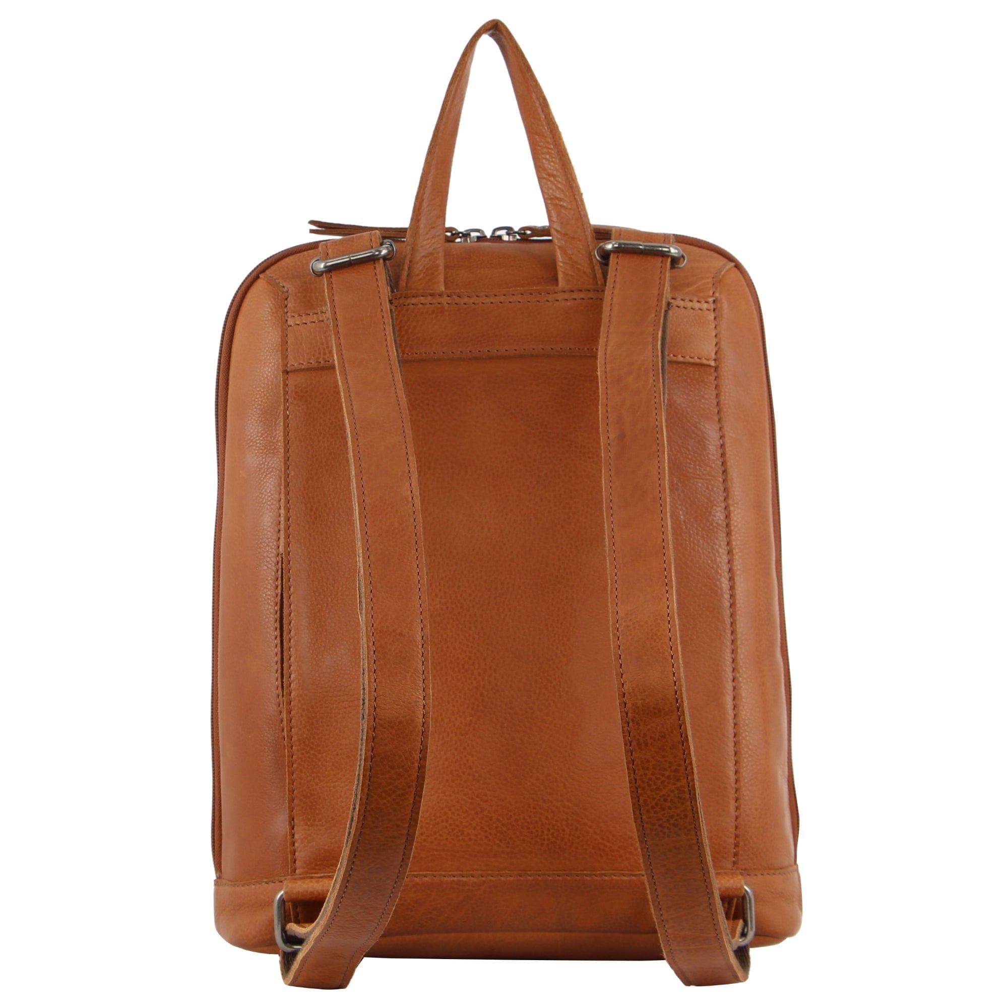 Milleni Ladies Genuine Leather Twin Zip Backpack in Cognac