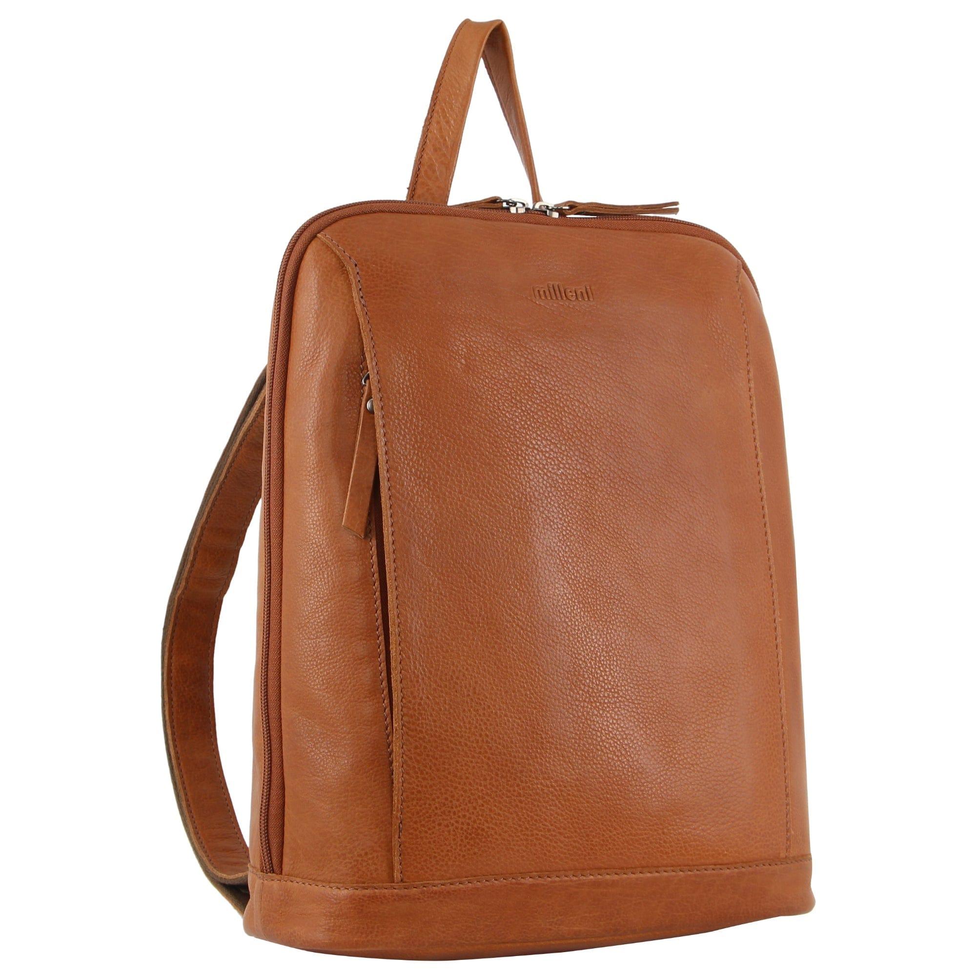 Milleni Ladies Genuine Leather Twin Zip Backpack in Cognac