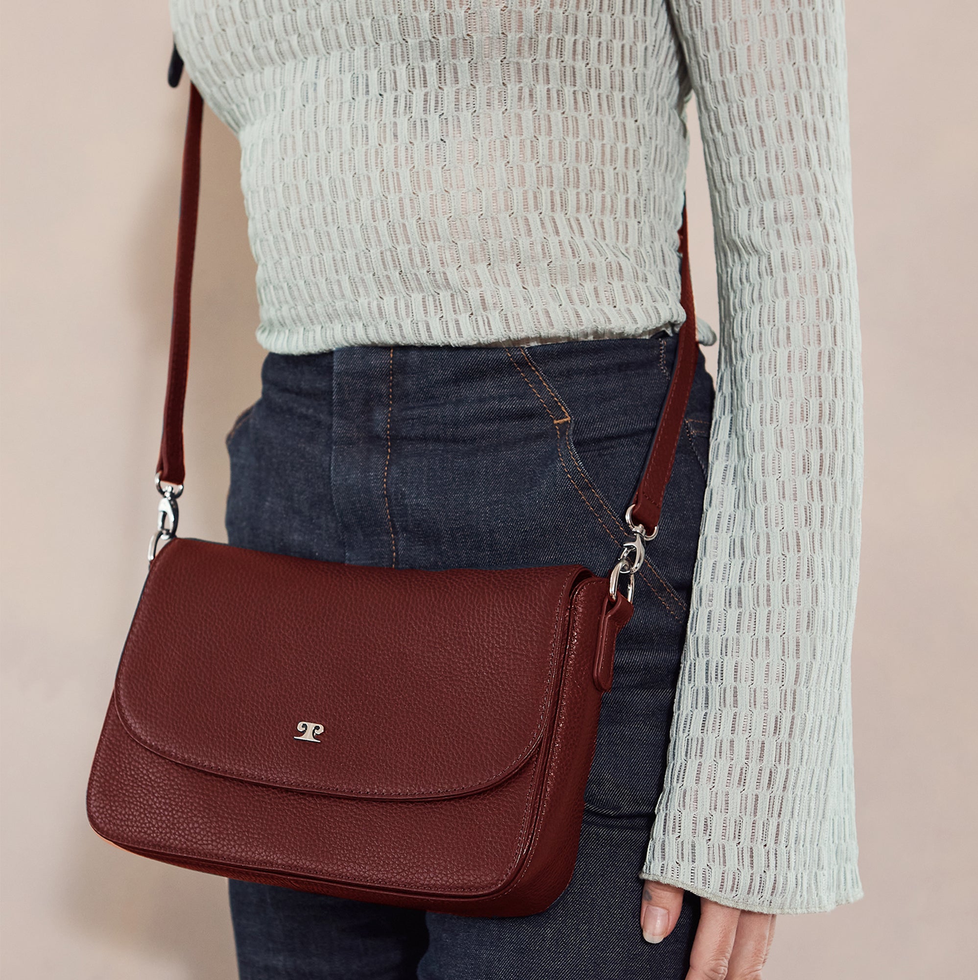 Pierre Cardin Ladies Leather Flap Over Crossbody Bag in Red