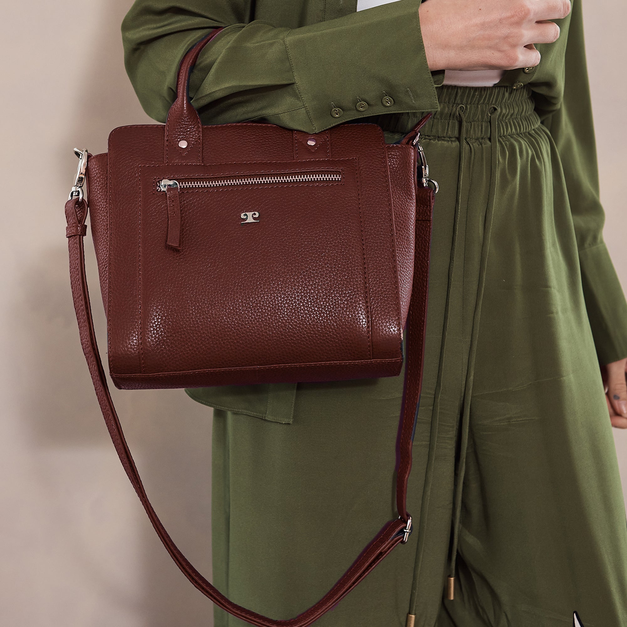 Pierre Cardin Ladies Leather Mini Tote Crossbody Bag in Chocolate