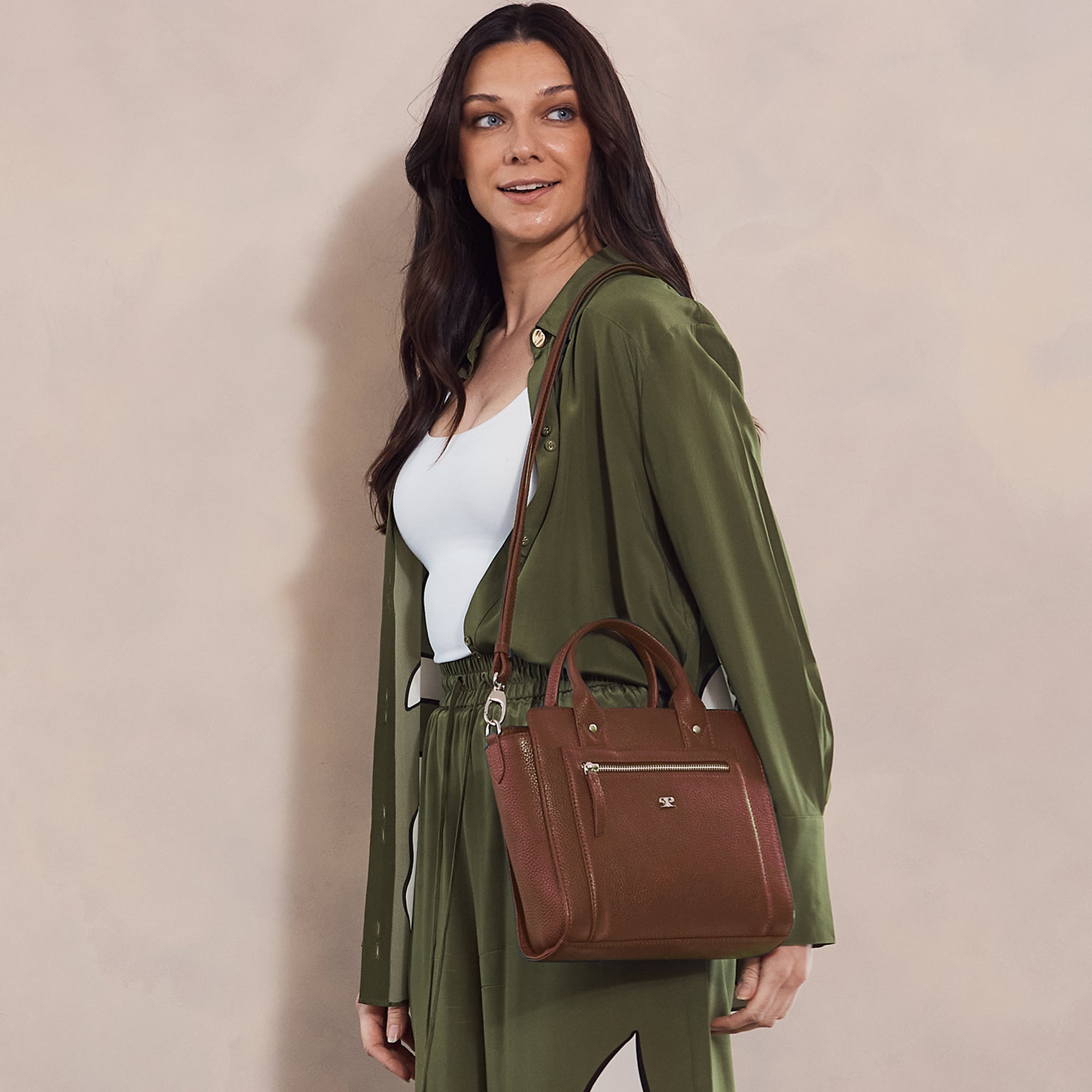 Pierre Cardin Ladies Leather Mini Tote Crossbody Bag in Chocolate