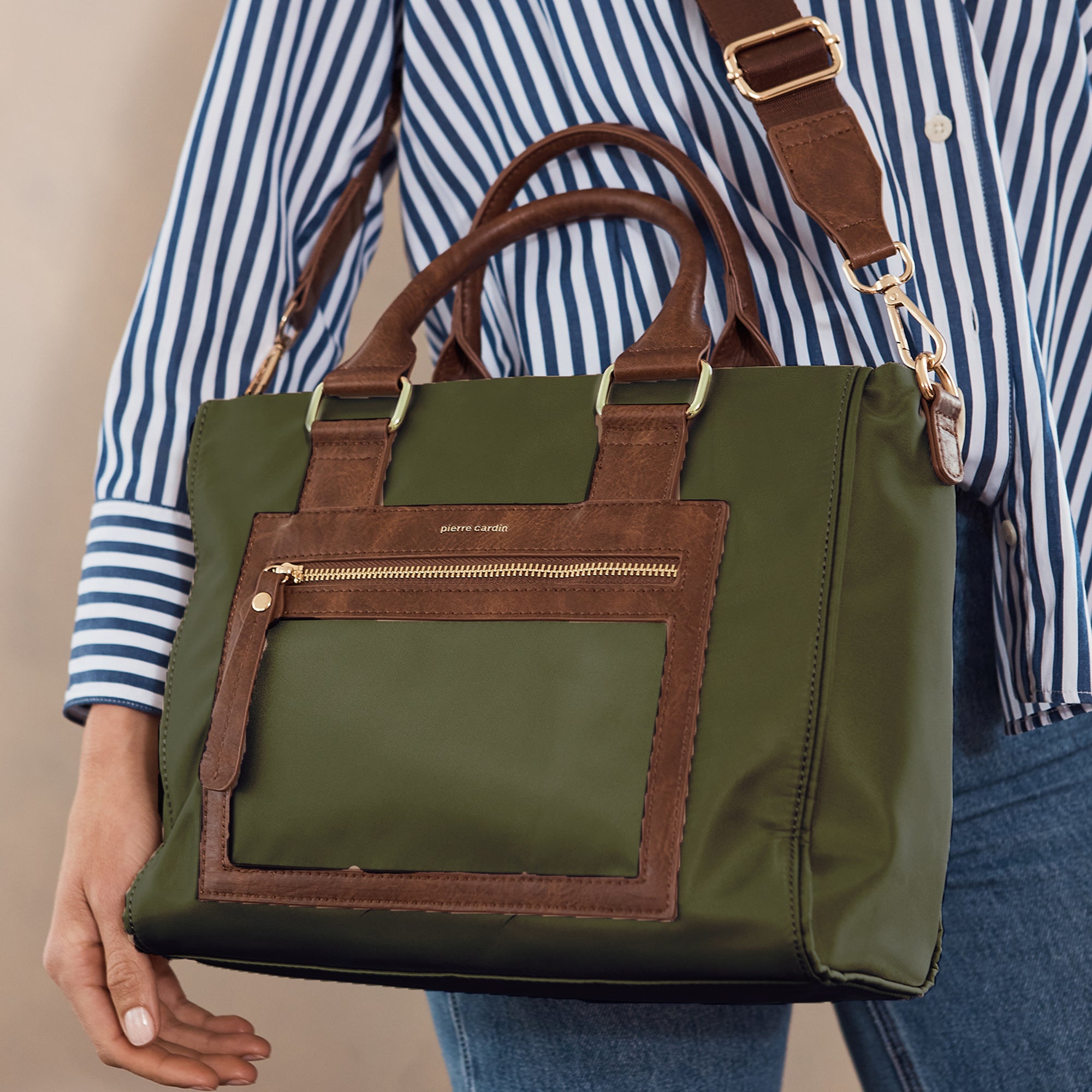 Pierre Cardin RFID Lightweight Nylon Mini Tote with Crossbody in Olive