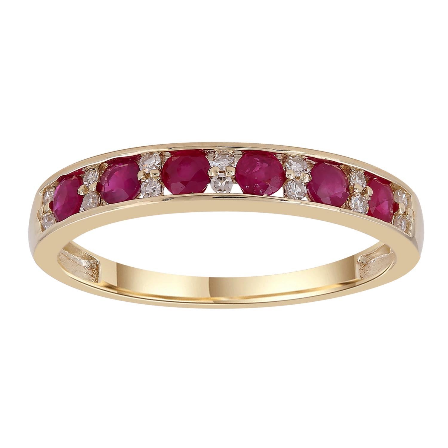 Ruby Band Ring with 0.10ct Diamonds in 9ct Yellow Gold