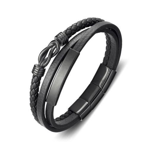 Black Leather Multi Stand Bracelet with Steel Details