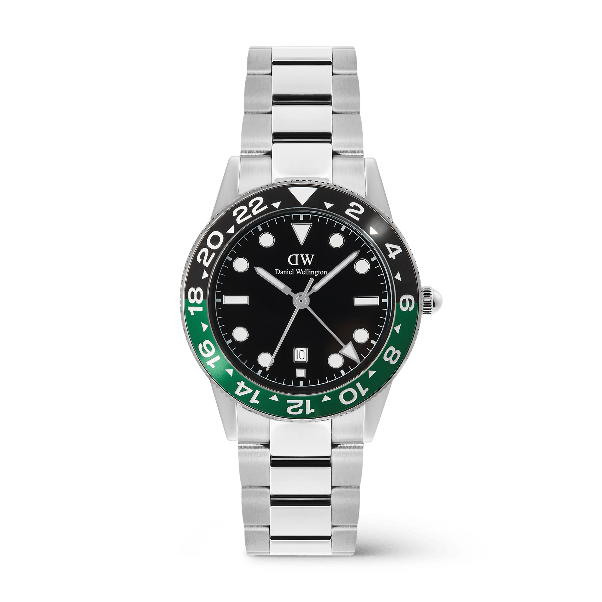 Daniel Wellington Iconic GMT Link Black Green Ceramic Bezel Silver