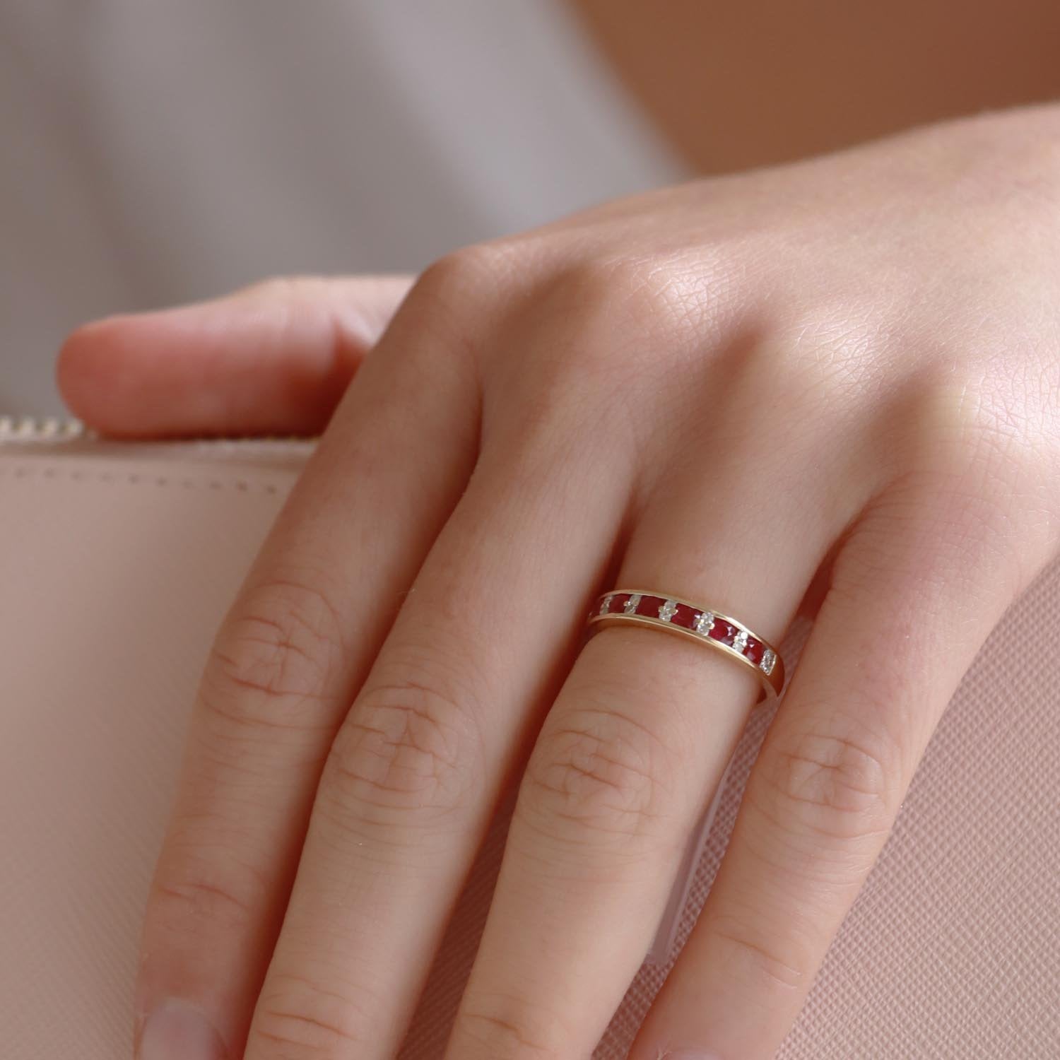 Ruby Band Ring with 0.10ct Diamonds in 9ct Yellow Gold