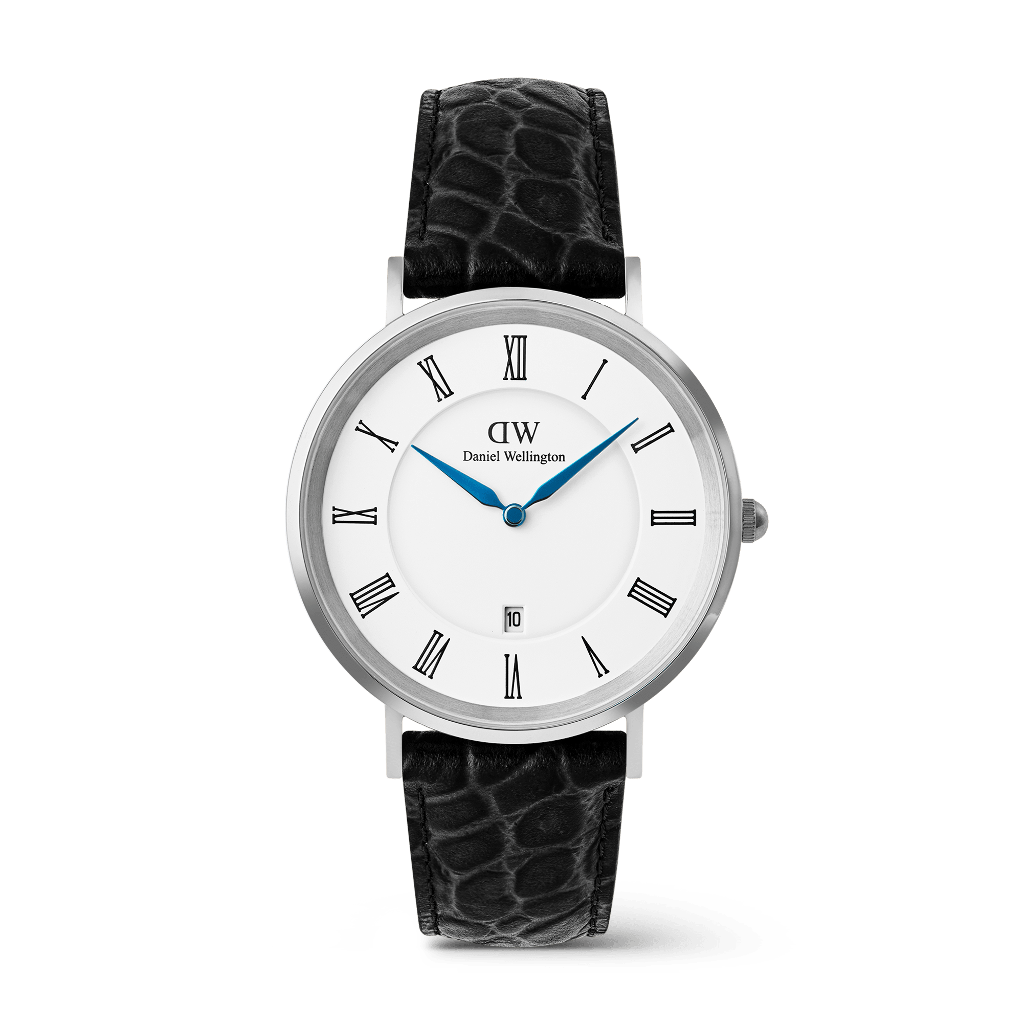 Daniel Wellington Classic Roman Numerals Date Black Croc Belly Silver